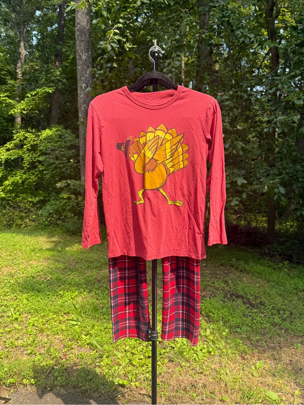 26. Red Thanksgiving Turkey Graphic Long Sleeve Pajama Top with Plaid Pants